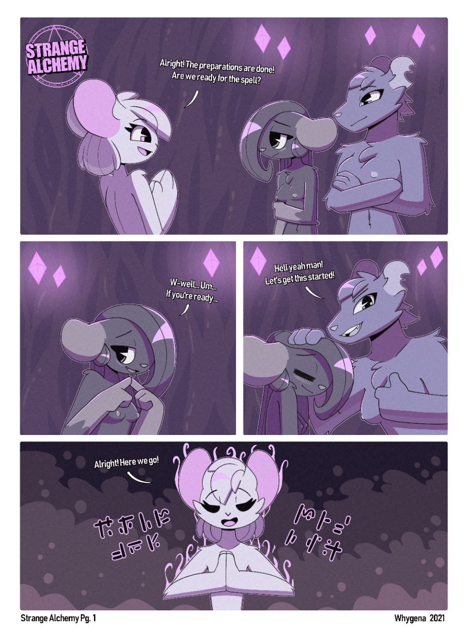 1boy, 2girls, anthro, comic, dialogue, elanor (whygena), english text, female, female anthro, femboy, furry, magic, male, male anthro, reggie (whygena), text, whygena