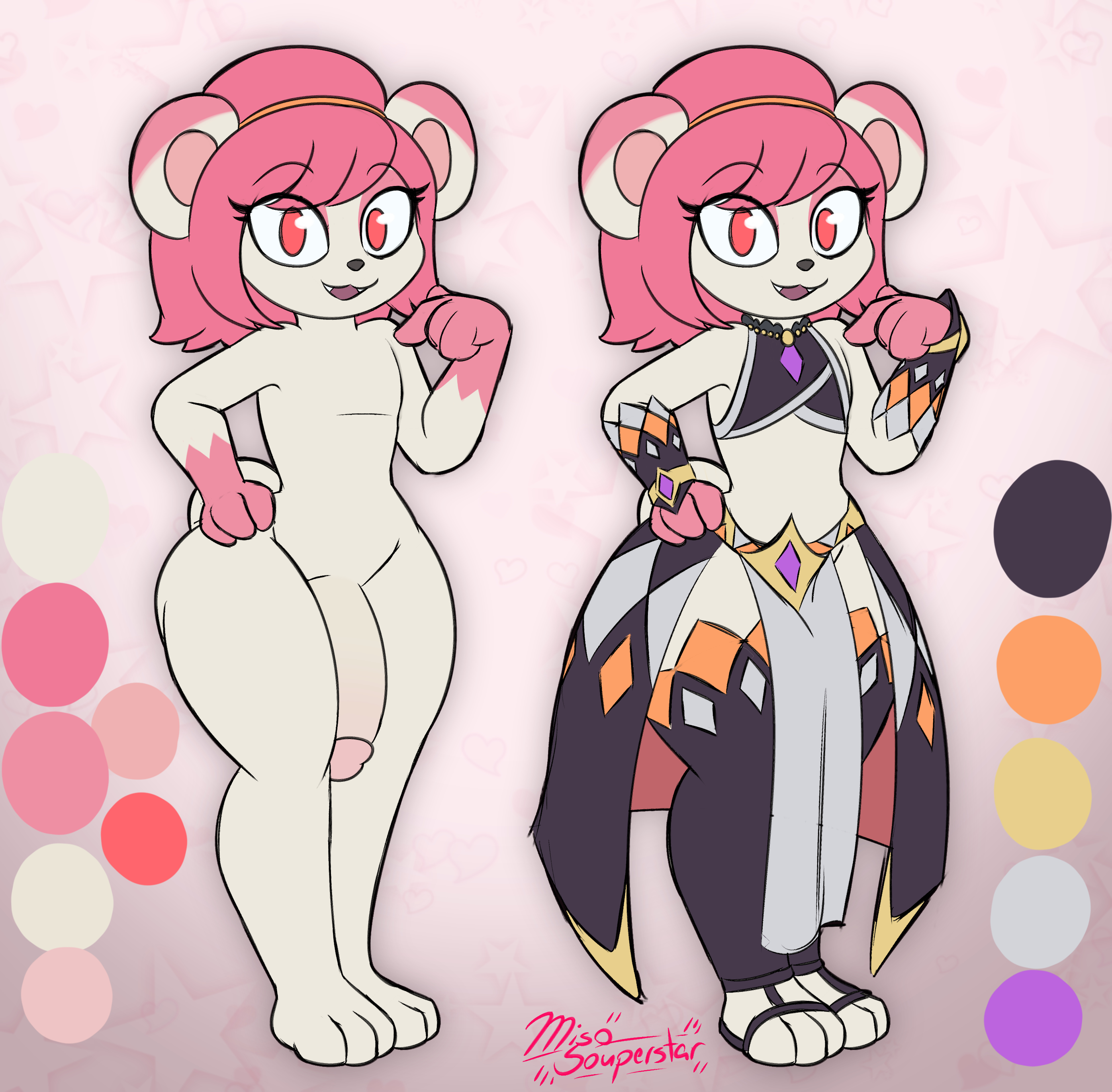 1boy, absurd res, big penis, clothing, femboy, highres, large penis, looking at viewer, male, male only, miso souperstar, multicolored fur, nude, open mouth, original, penis, pink fur, pink hair, red eyes, reese langley (miso souperstar), reference sheet, shortstack, shortstack femboy, solo, solo male, thick thighs, watermark, white fur