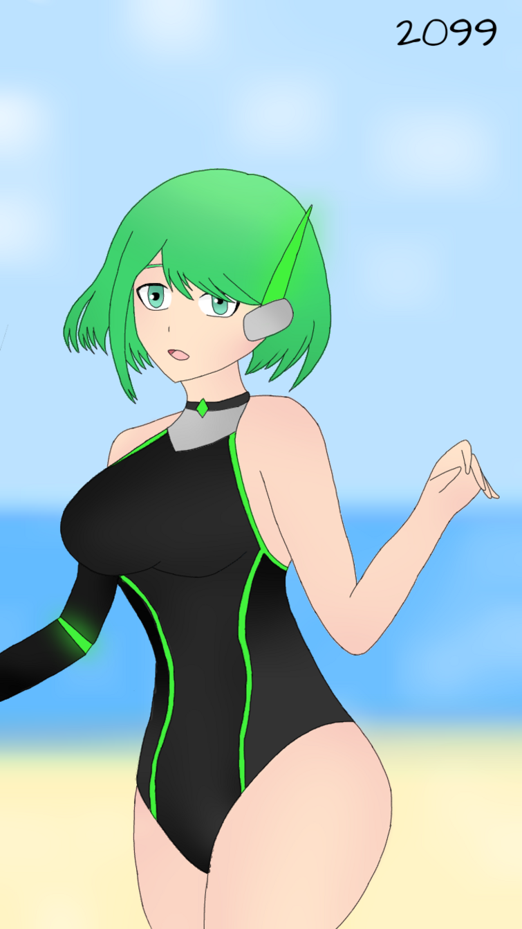 1girls big_breasts bikini black_and_green extreme2099 faust_(loomian_legacy) green_eyes green_hair loomian_legacy roblox roblox_game source_request tagme technology thighs