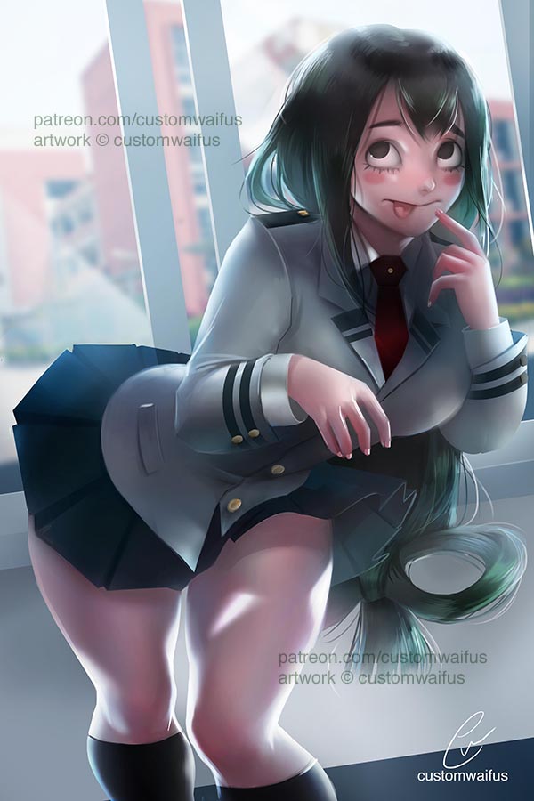 customwaifus fully_clothed green_hair miniskirt my_hero_academia pinup school_uniform solo thin_waist tsuyu_asui wide_hips