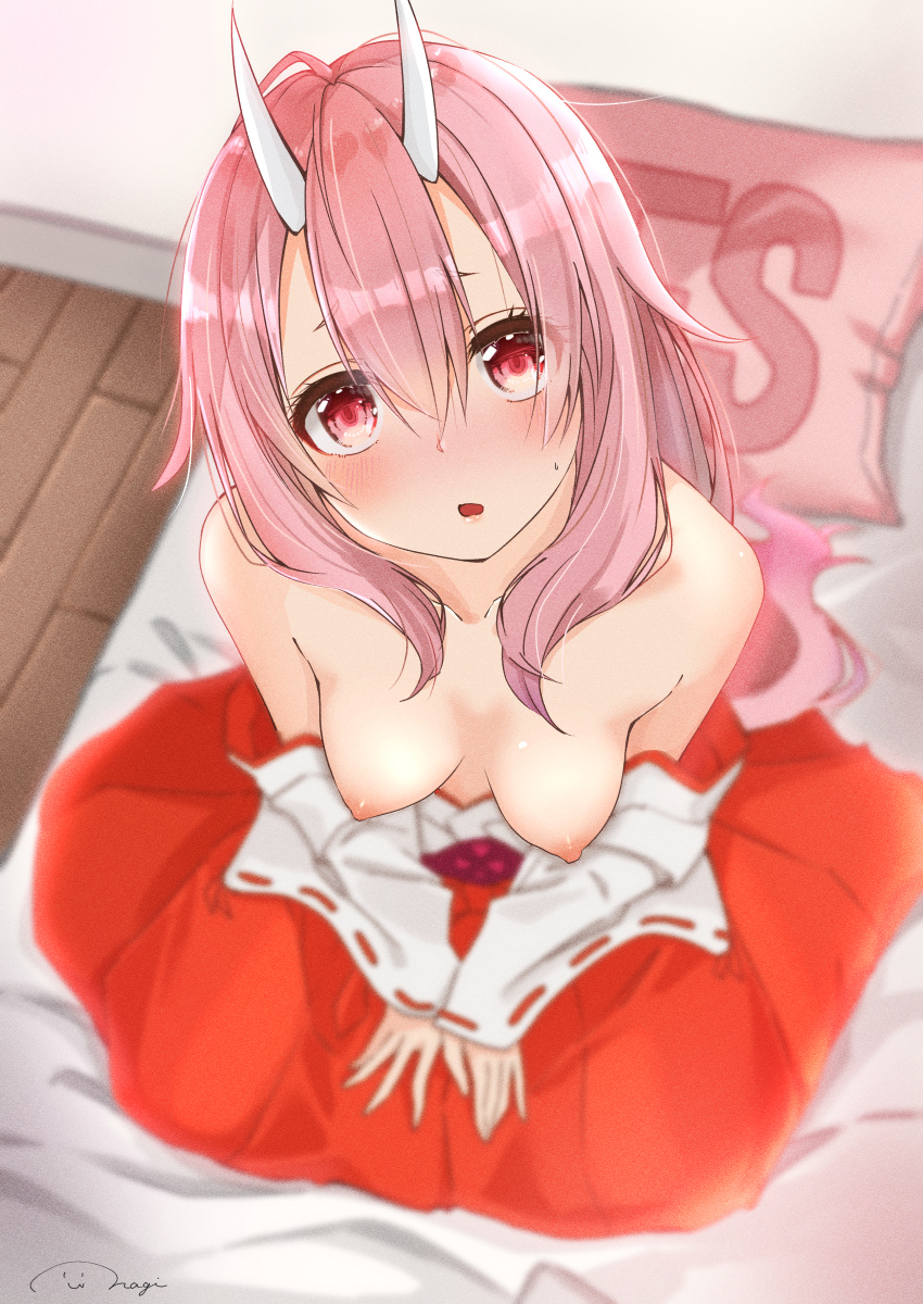 :o bangs bed_sheet blurry blush breasts collarbone commentary_request depth_of_field detached_sleeves female from_above hakama highres horns indoors japanese_clothes long_hair long_sleeves looking_at_viewer looking_up medium_breasts nagi_(shunsuke-manage) nipples on_bed open_mouth pink_hair red_eyes red_hakama shuna_(tensei_shitara_slime_datta_ken) sitting solo tensei_shitara_slime_datta_ken topless very_long_hair yes yes-no_pillow