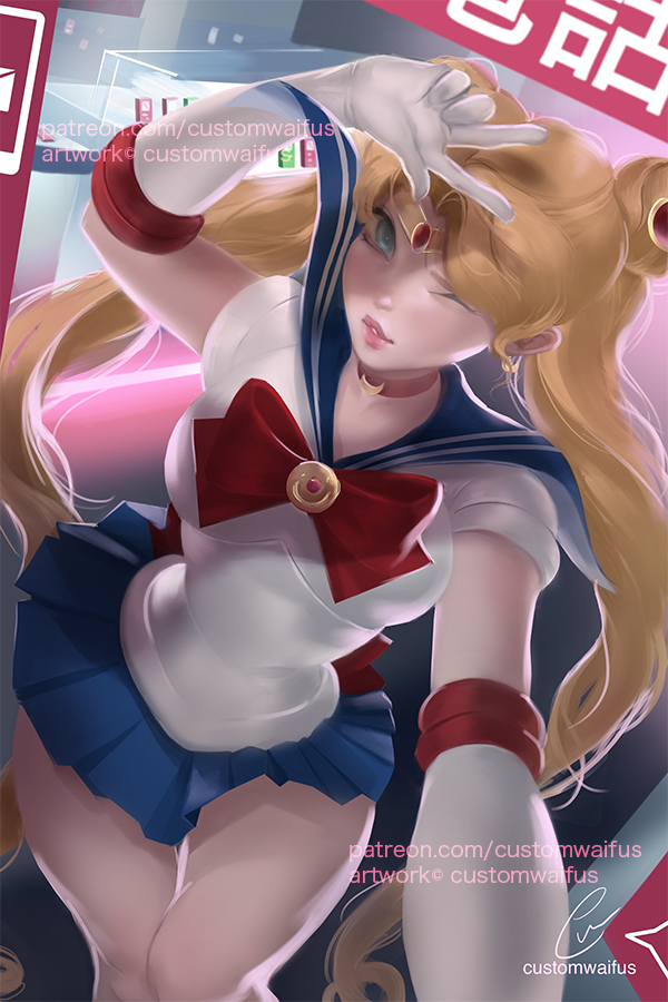 1girls bishoujo_senshi_sailor_moon blonde_hair clothing customwaifus female female_only fully_clothed magical_girl miniskirt pinup sailor_moon selfie skirt solo solo_female thin_waist twintails usagi_tsukino v wide_hips wink