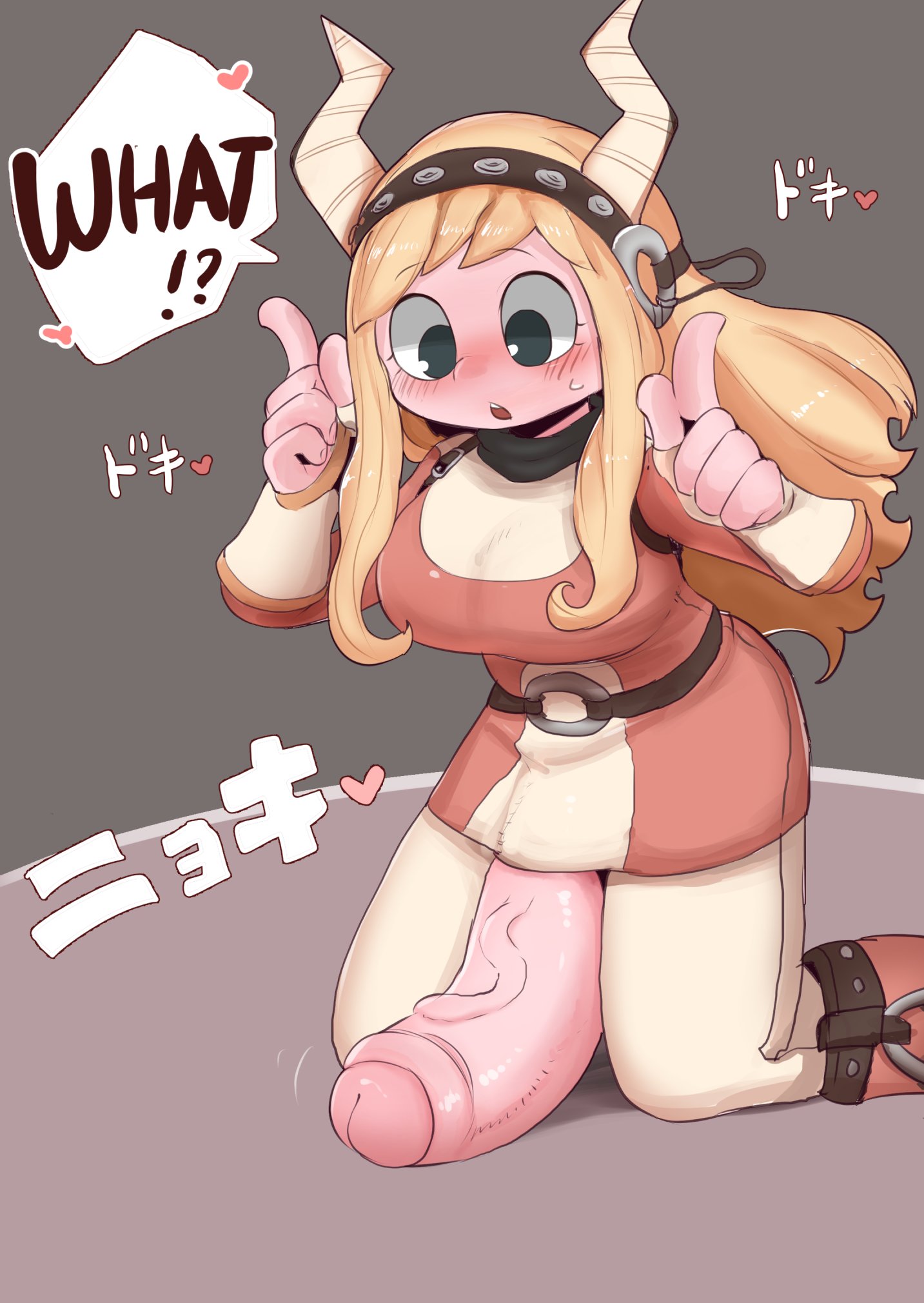 :o, 1futa, big breasts, big penis, blonde hair, blush, breasts, clothed, clothing, dialogue, foreskin, futa only, futanari, grey background, horns, huge cock, human, intersex, kneeling, large penis, light skin, light-skinned futa, long hair, mostly clothed, musk, musk clouds, musky, musky cock, my hero academia, pale skin, partially retracted foreskin, penis, retracted foreskin, smell, smelly, smelly cock, solo, speech bubble, steam, surprised, text, thick penis, tsunotori pony, uncensored, uncircumcised, veiny penis, zkky