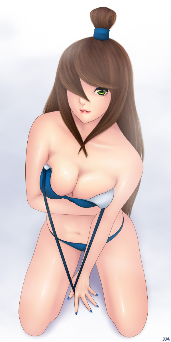 1girls bare_shoulders big_breasts bikini biting_lip breasts brown_hair busty cleavage colored_nails female female_only hair_over_one_eye khalitzburg looking_at_viewer mature mature_female mei_terumi nail_polish naruto naruto_(series) naruto_shippuden solo solo_female solo_focus strap_pull swimsuit teasing tied_hair topknot untied_bikini