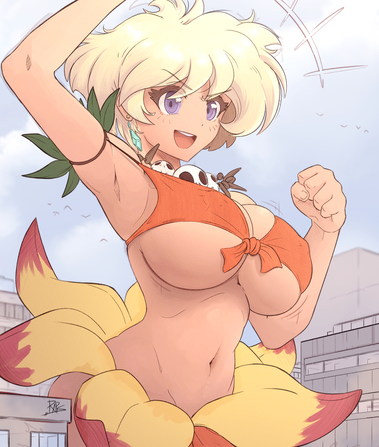 1girls, 2021, armpit, belly button, big breasts, bikini, bra, breasts, busty, city, curvy, dark skin, dark-skinned female, earrings, female, giantess, goddess, hanging breasts, huge breasts, jungle de ikou, leaf, mii (jungle de ikou), necklace, nipple bulge, purple eyes, raps, short hair, skirt, skull necklace, solo, solo female, tagme, thick thighs, tribal, underboob, voluptuous, wide hips