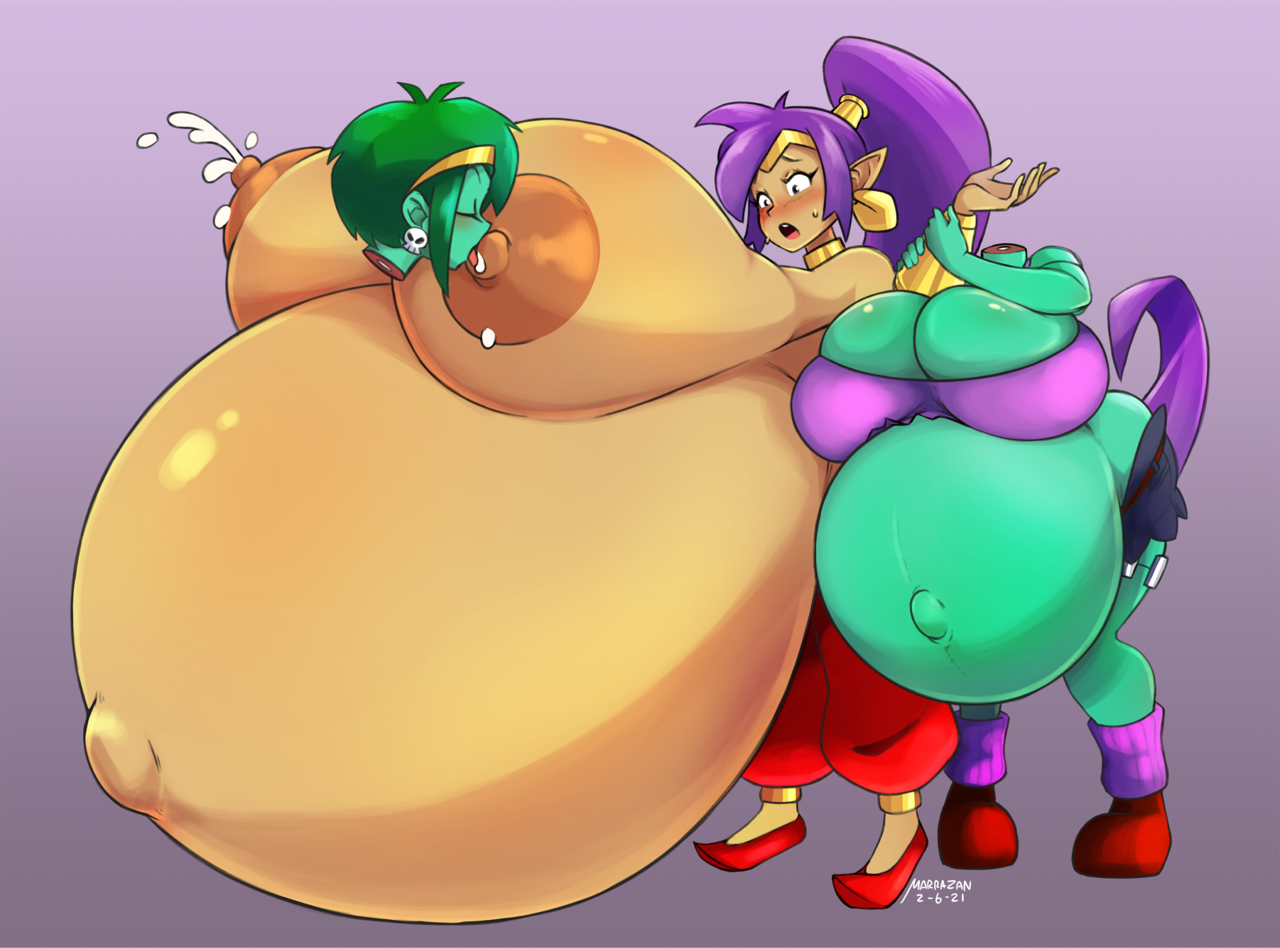2girls, areolae, breasts, dark skin, dark-skinned female, detachable head, disembodied head, female, female only, huge belly, huge breasts, hyper belly, hyper pregnancy, lactation, marrazan, milk, multiple pregnancies, nipples, pregnant, ready to pop, rottytops, shantae, shantae (character), yuri