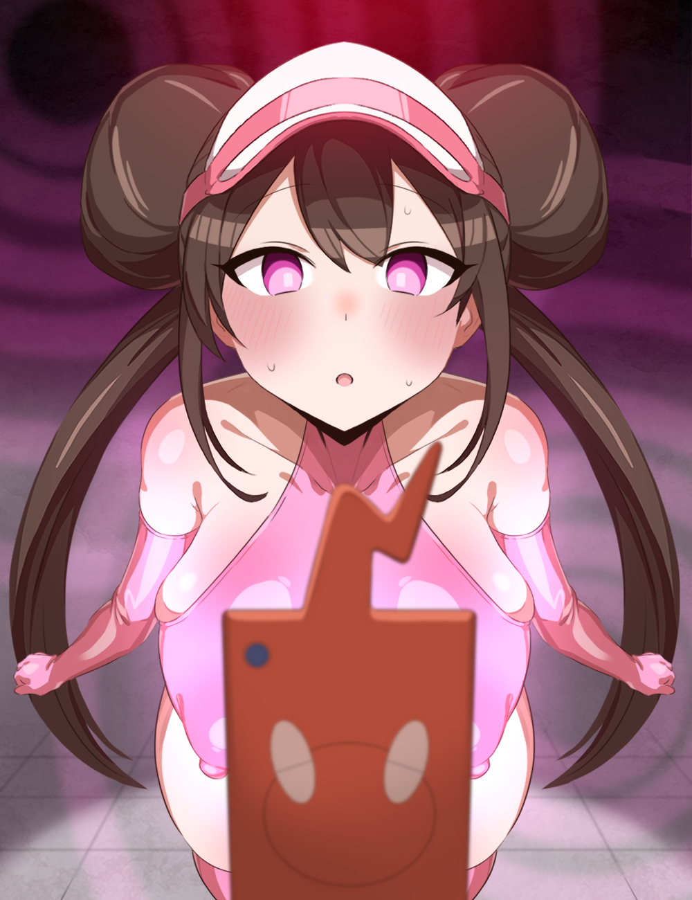 1girls, blue eyes, brainwashing, breasts, brown hair, cap, corruption, double bun, female, ganbari mascarpone, gloves, hypnosis, large breasts, latex gloves, latex suit, latex thighhighs, long hair, nintendo, nipple bulge, pokemon, pokemon bw2, rosa (pokemon), sweat, thighhighs, twintails