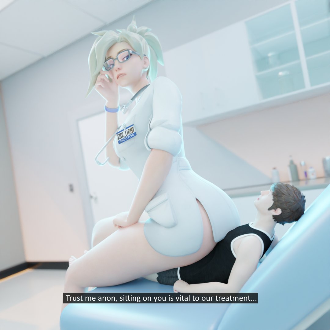 1boy1girl 1girls 3d blonde_hair doctor envlight giantess lowres mercy no_panties overwatch sitting_on_lap