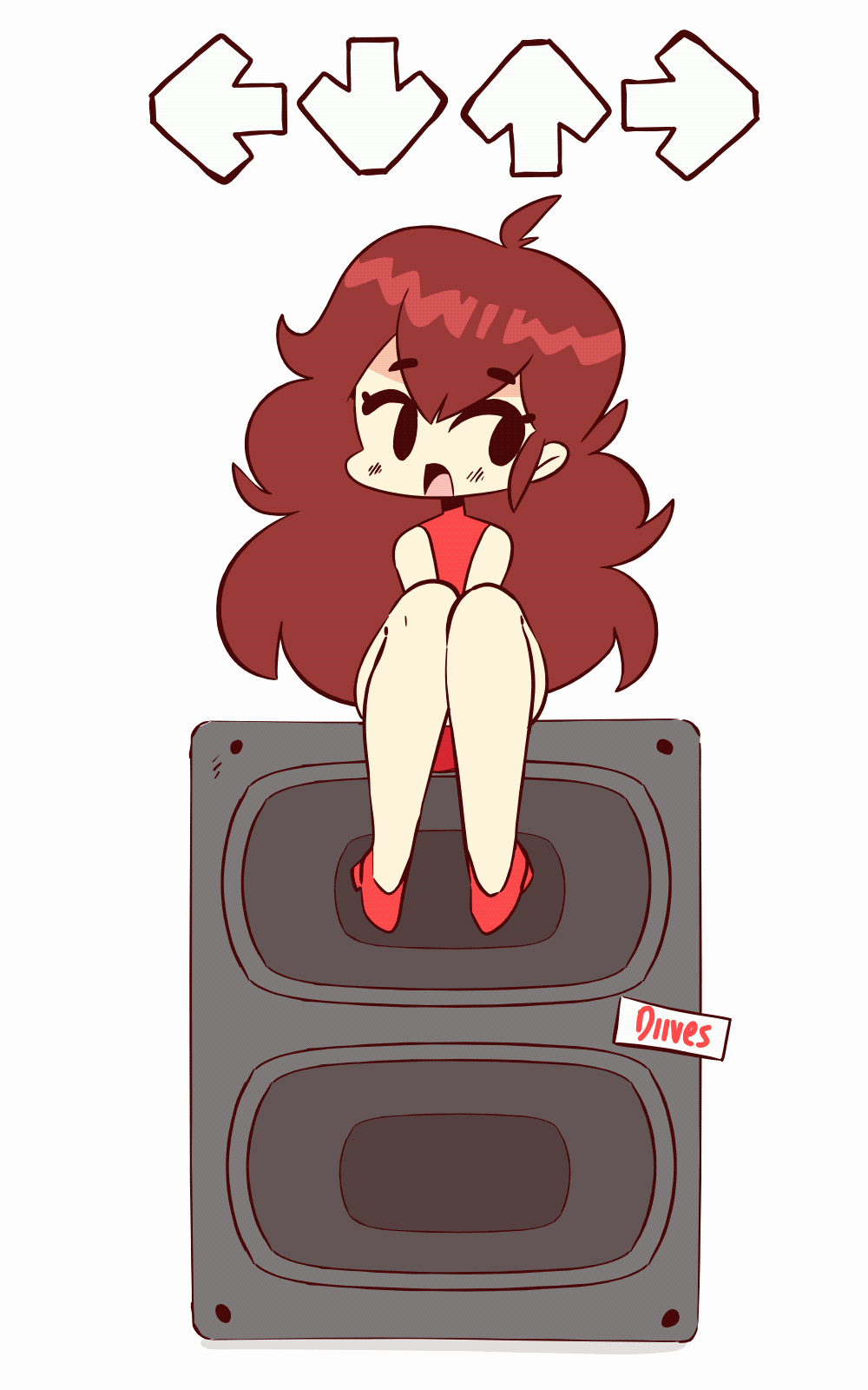 10:16, 1girls, animated, animated gif, bottomless, brown hair, diives, dress lift, edit, female, friday night funkin, gif, girlfriend (friday night funkin), presenting, presenting pussy, pussy, red dress, solo, speaker, spread legs, tagme, vertical video