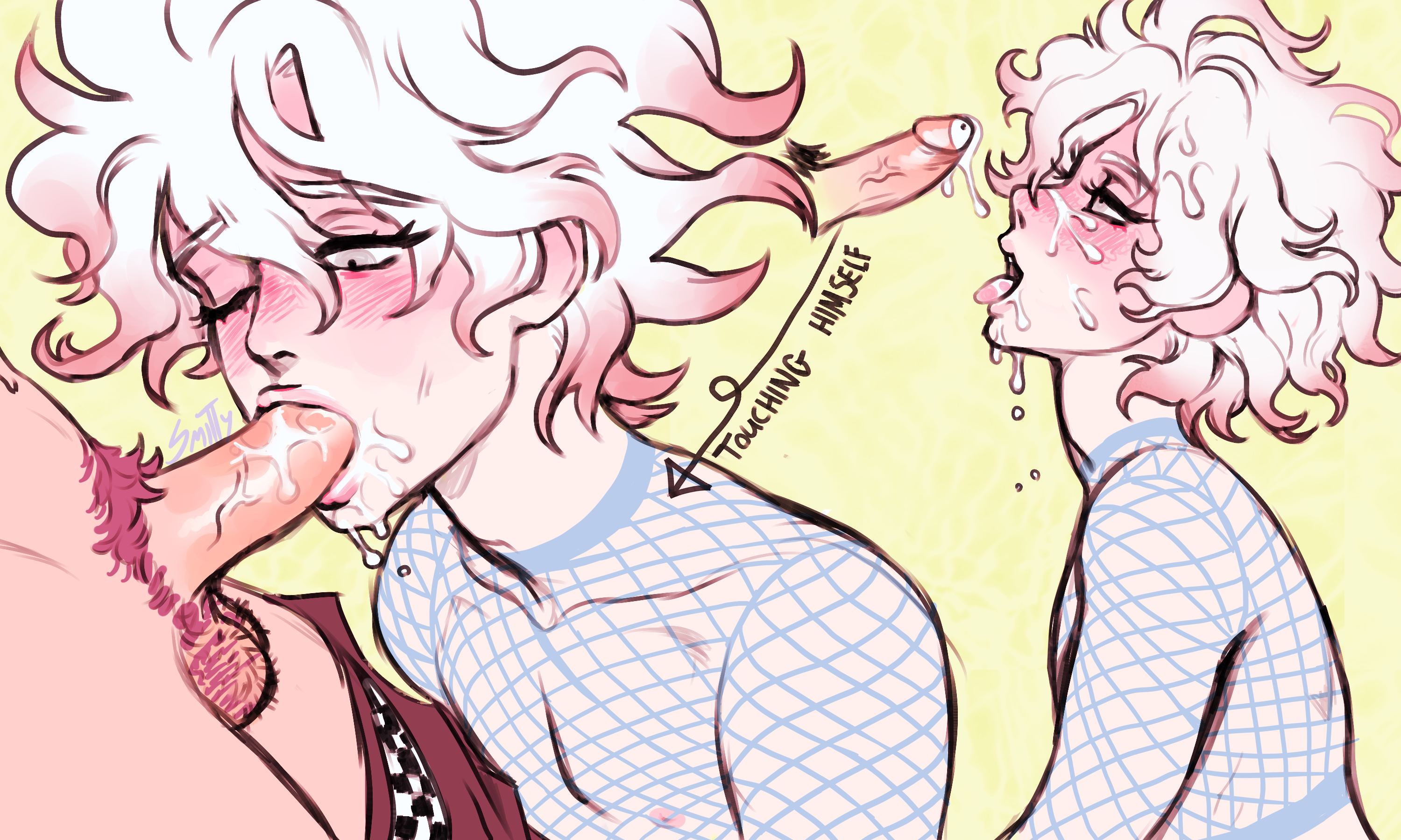 2boys, after fellatio, blowjob, blushing, cum, cum drip, cum in mouth, cum on face, cum on hair, cum on penis, danganronpa, danganronpa 2: goodbye despair, eyes half open, fellatio, femboy, fishnets, gay, long eyelashes, male, male only, male/male, messy, nagito komaeda, one eye closed, open mouth, oral, penis, pubic hair, ren valentine, smooth skin, tongue, tongue out, yaoi, yellow background