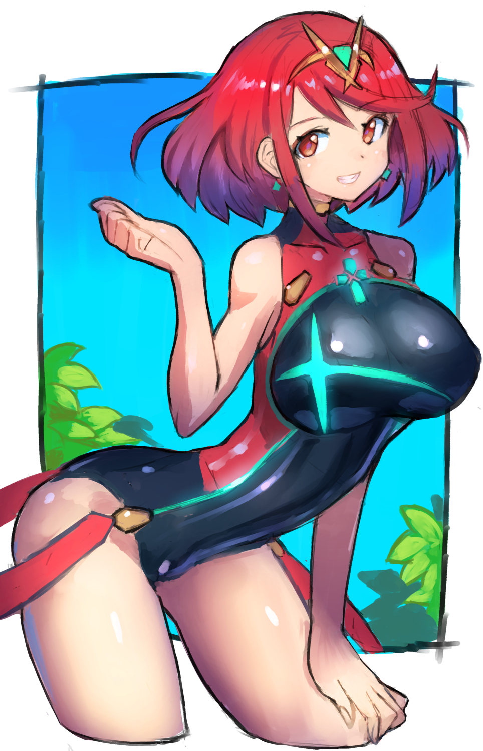 1girls big_breasts binelu01 bob_cut dakusuta female_only light_skin nintendo pyra red_eyes red_hair swimsuit xenoblade_(series) xenoblade_chronicles_2