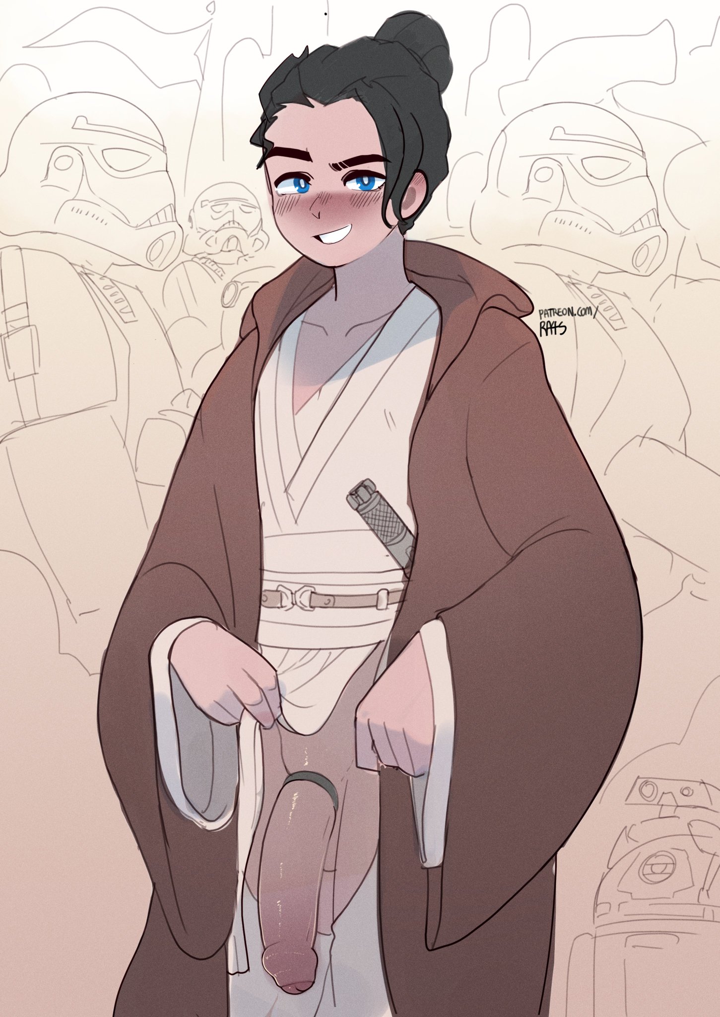 1boy, 2d, armor, astromech droid, big penis, black hair, blue eyes, blush, cloak, clothed, clothing, cock, cock ring, dick, droid (star wars), exhibitionism, eyebrows, femboy, flaccid, flashing, foreskin, front view, girly, hair, happy, huge cock, hung femboy, hung trap, jedi, lightsaber hilt, looking at viewer, male, male focus, male only, no underwear, outdoors, parted lips, partially clothed male, penis, penis out, playful knight (ra4s), presenting, presenting penis, public, ra4s, robe, robot, showing off, smile, solo focus, standing, star wars, stormtrooper, teeth, tunic, twink, uncircumcised