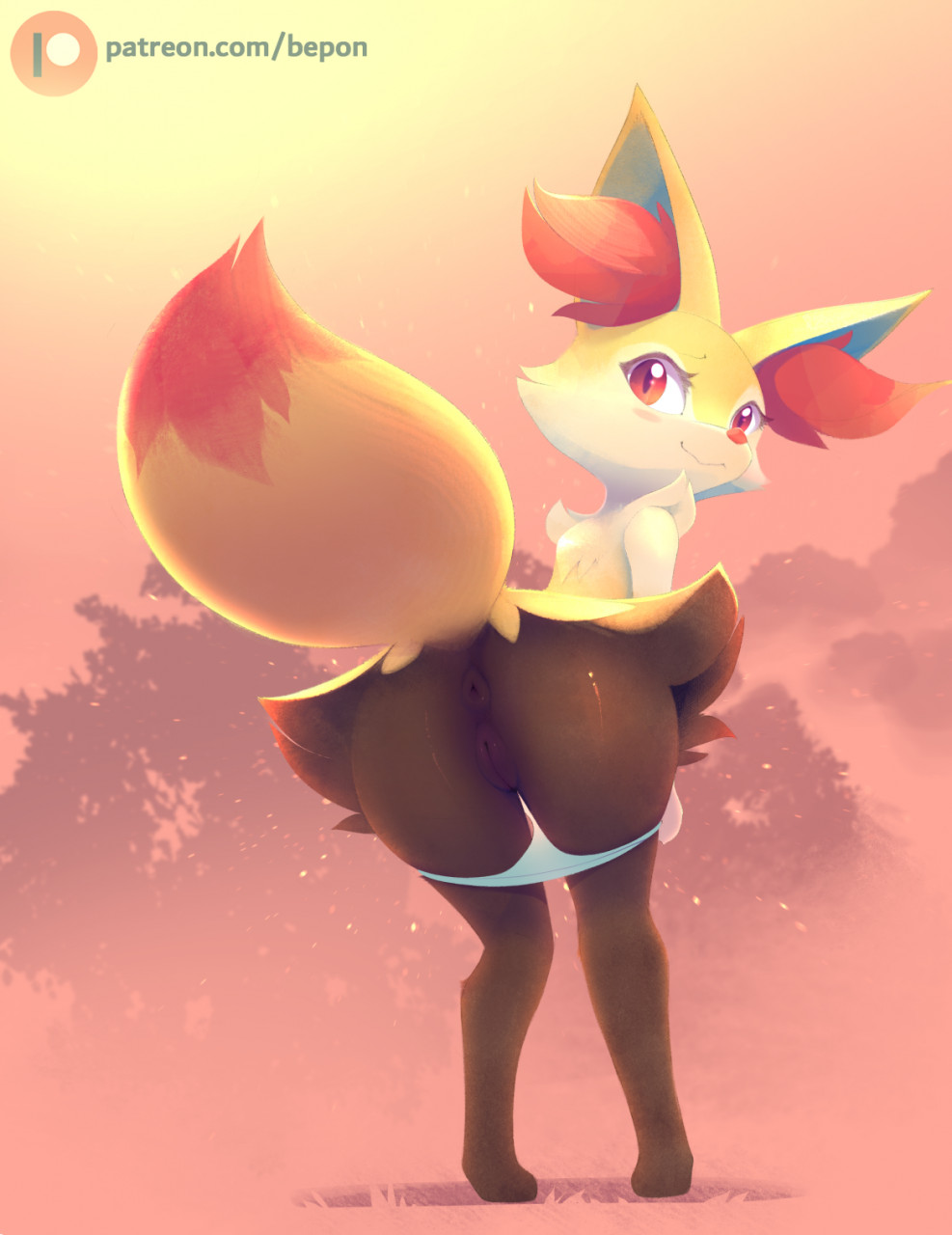 absurd_res anthro ass b-epon black_body black_fur blush braixen eyelashes female female_focus fur furry furry_only hi_res looking_at_viewer looking_back mostly_nude naked nintendo nude panties panties_down patreon pokémon_(species) pokemon pokemon_(species) pussy rear_view red_nose solo solo_female solo_focus standing tail thick_thighs topless underwear underwear_down video_games white_body white_fur yellow_body yellow_fur