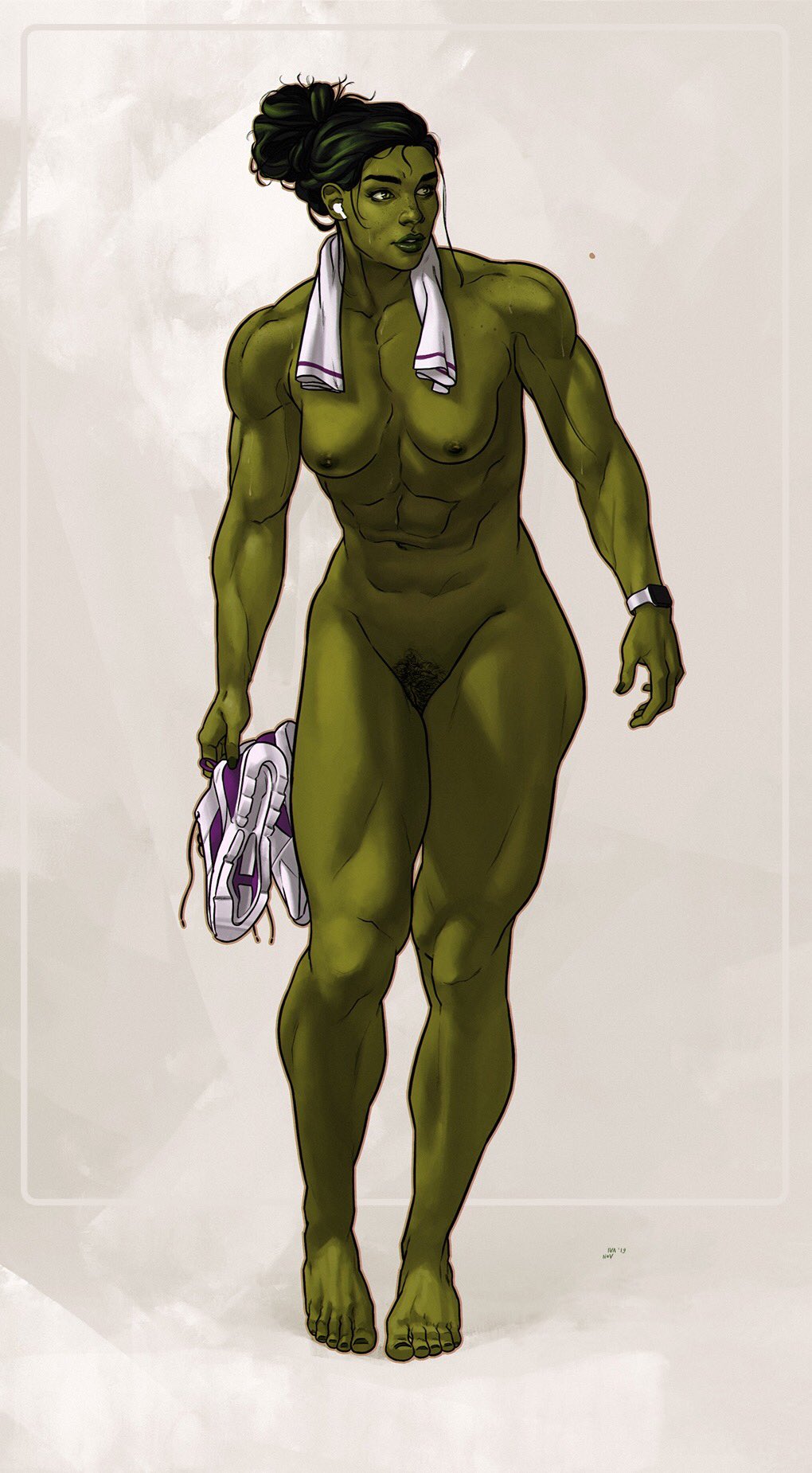 1girls, apple watch, barefoot, breasts, dima ivanov, feet, female, full body, green skin, marvel, marvel comics, muscular, muscular female, nude, pubes, she-hulk, small breasts, sneakers, solo, standing, toes, towel