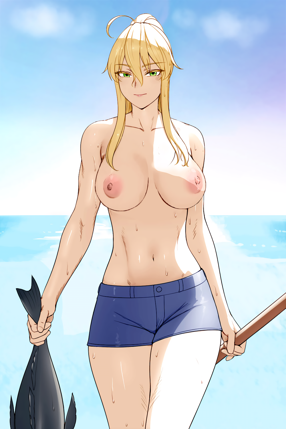 1girls animal artoria_pendragon artoria_pendragon_(lancer) bare_shoulders belt_loop blonde_hair breasts building cleavage colorization curvaceous fate/grand_order fate_(series) female female_only fish green_eyes high_resolution holding holding_animal holding_fish huge_breasts large_breasts long_hair lvl lvl_(sentrythe2310) male_swimwear_challenge mature mature_female mature_woman midriff navel nipples outdoors ponytail raglan_sleeves solo third-party_edit tied_hair topless water wet