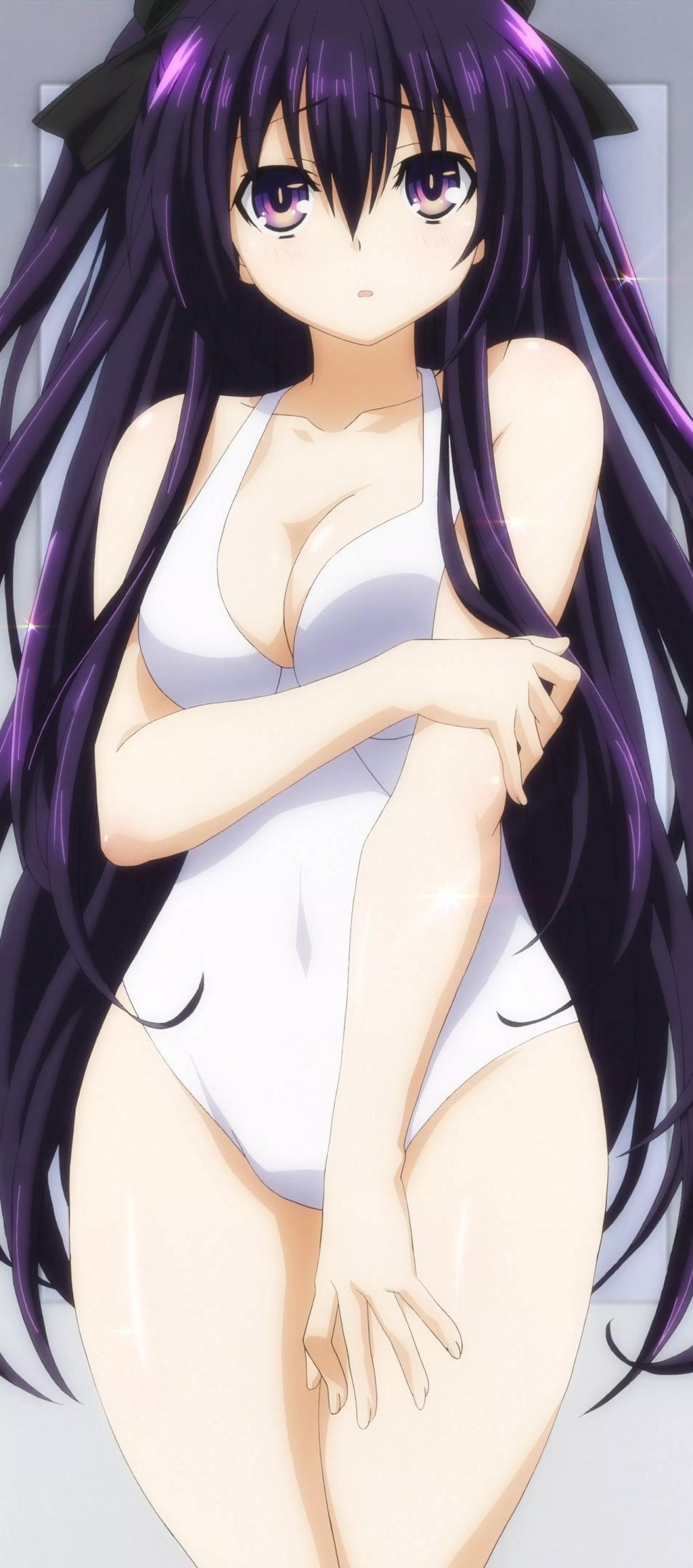 arms, bangs, big breasts, black hair ornament, blush, breasts, cleavage, cute, date a live, female, hair, hands, long hair, nails, nervous, one-piece swimsuit, open mouth, purple eyes, purple hair, swimsuit, thighs, white skin, white swimsuit, yatogami tohka