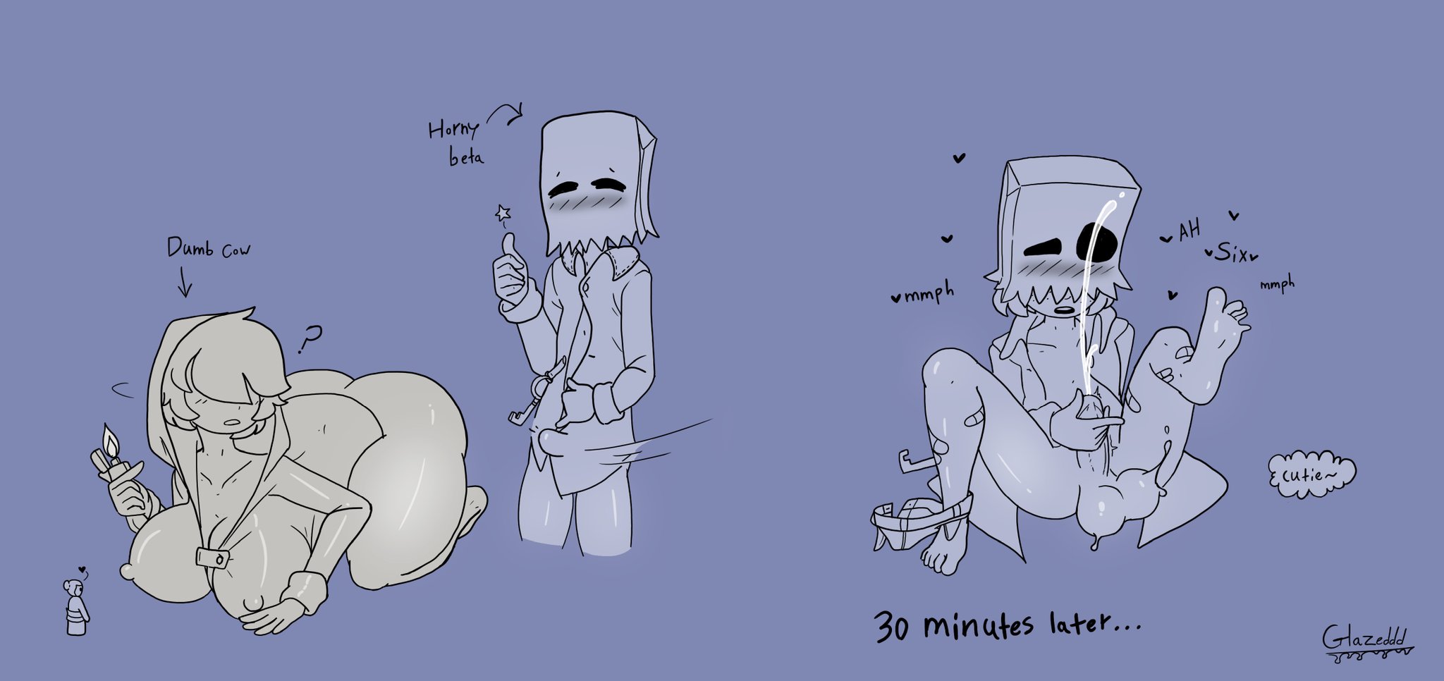 ass, breasts, cum, female, glazed (artist), hair covering eyes, large ass, little nightmares, little nightmares 2, male, masturbation, mono (little nightmares 2), outerwear, penis, raincoat, six (little nightmares)