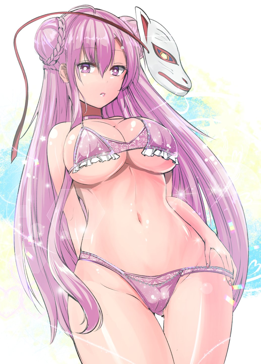 big_breasts bikini expressionless hata_no_kokoro mask pink_eyes pink_hair swimsuit tagme touhou y2