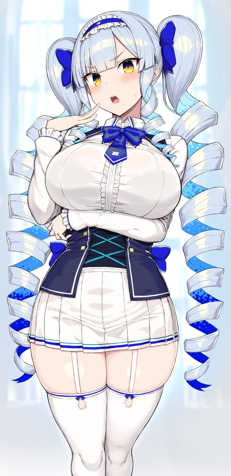 arm_under_breasts big_breasts blue_hair blush bra_visible_through_clothes curvy drill_hair greatmosu hair_ornament hair_ribbon huge_breasts looking_at_viewer miniskirt multicolored_hair original sweat sweatdrop sweaty thick_thighs thighhighs twintails wide_hips yellow_eyes