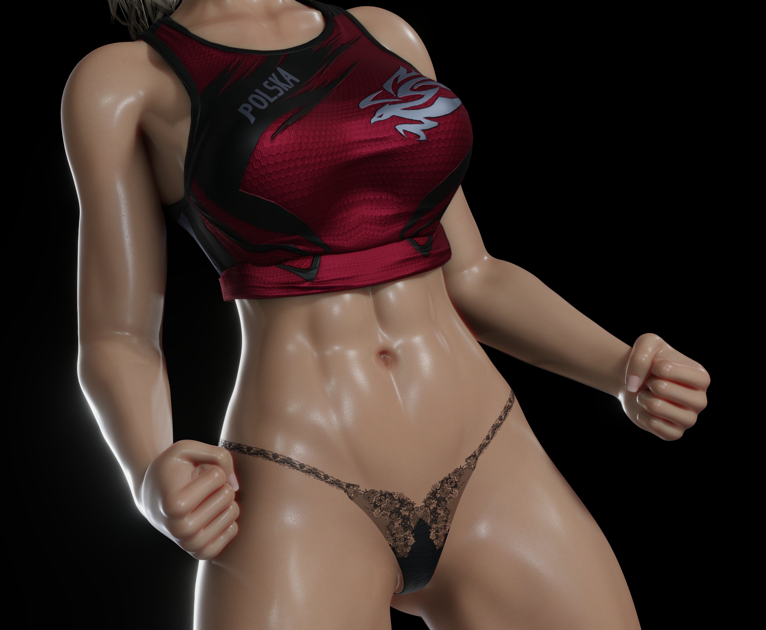 1girls, 3d, abs, athletic, athletic female, bandai namco, black panties, blender, bouquetman, clenched hands, faceless female, female, lace-trimmed panties, lidia sobieska, panties, poster, revealing clothes, shiny skin, sweaty, tekken, tekken 7