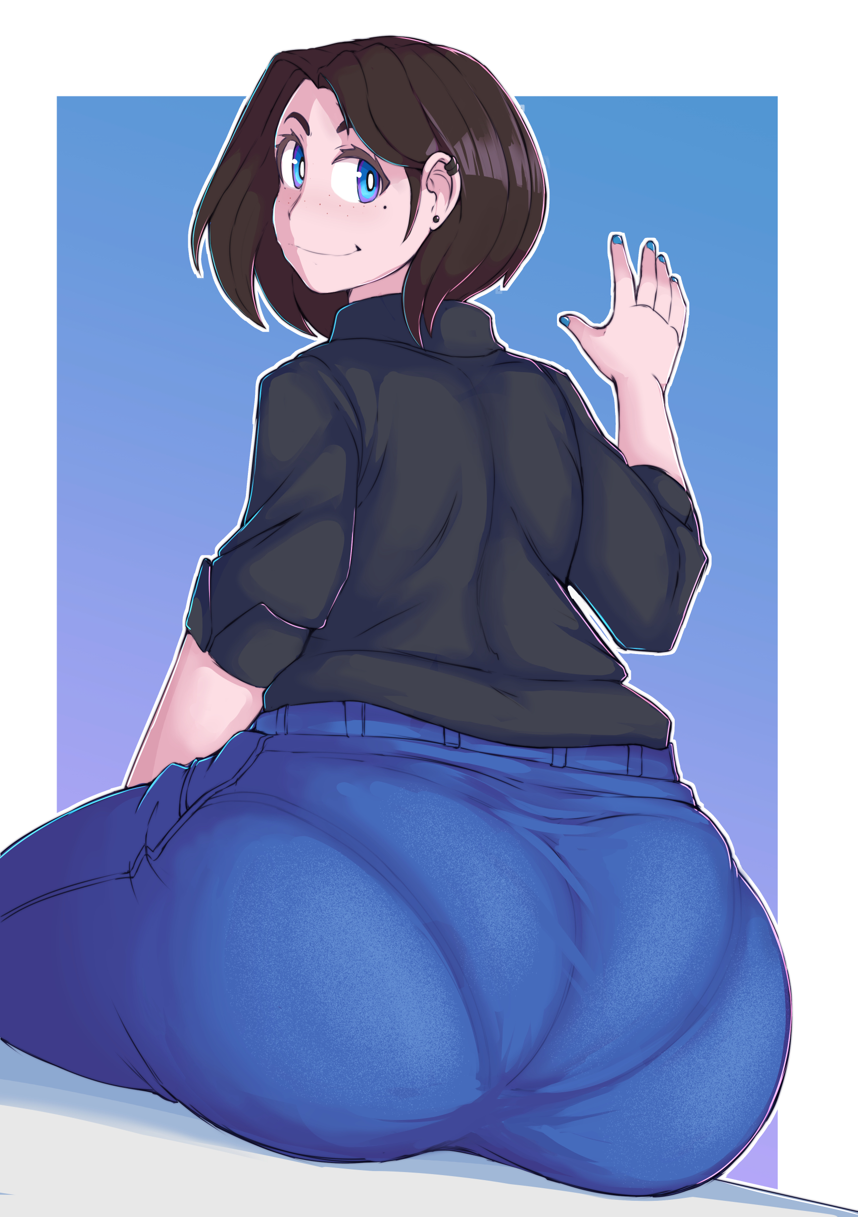 1girls, 5 fingers, ass, big ass, big butt, blue eyes, clothed, clothes, clothing, ear piercing, earrings, eyebrows, eyelashes, fat ass, female, female only, fully clothed, hips, huge ass, huge butt, kittenboogers, large ass, large butt, looking at viewer, looking back, looking back at viewer, mole, mole under eye, samsung, samsung sam, short hair, sitting, smile, smiling, smiling at viewer, solo, solo female, thick, thick ass, thick thighs, thighs, voluptuous, wide hips