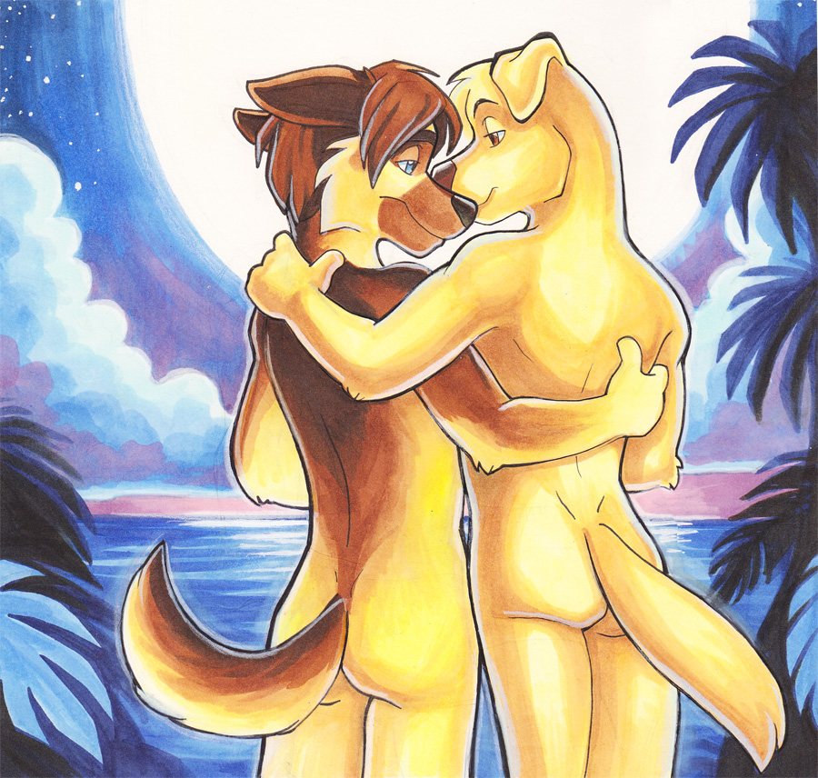 anthro ass beach bird_dog blue_eyes brown_eyes brown_hair canid canine canis cloud detailed_background domestic_dog duo eye_contact femboy german_shepherd golden_retriever hair herding_dog hug hunter_(road_rovers) hunting_dog looking_at_another love male male/male mammal moon night nude outside palm_tree pastoral_dog plant rear_view retriever road_rovers romantic_ambiance romantic_couple sea seaside short_hair sky smile standing star starry_sky tigsie tree twink water yaoi