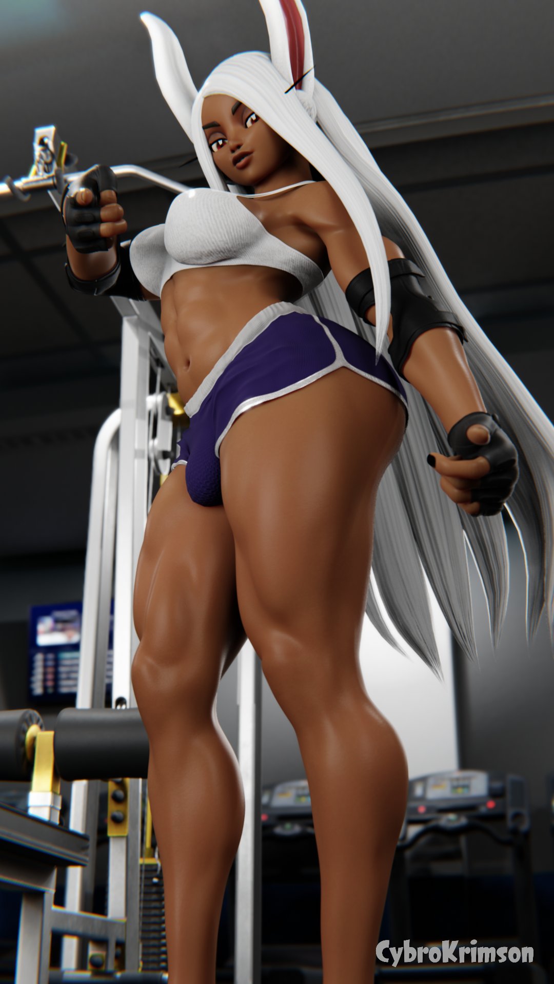 1futa 3d abs bulge bulge_through_clothing bunny_ears cybrokrimson dark-skinned_futanari dark_skin female futa_only futanari gym long_hair miruko muscular muscular_futanari my_hero_academia shorts solo solo_futa sports_bra white_hair