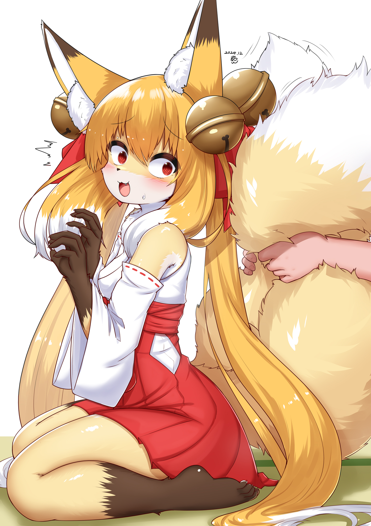 1girls, fanart, female, flustered, flustered female, fox, fox ears, fox girl, fox humanoid, fox tail, fur, furry, furry female, furry girl, furry only, furry with non-furry, horokusa0519, kitsune, long hair, oc, on knees, original, original artwork, original character, shocked, shocked expression, surprised, surprised expression, tagme, tail grab, three tone body, three tone fur, two tails