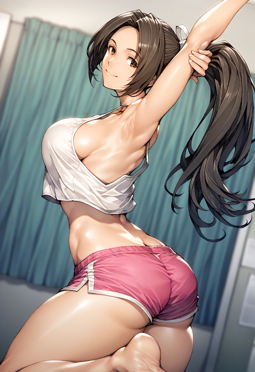 1girls ai_generated armpits arms_up brown_eyes brown_hair bubble_ass bubble_butt butt_crack casual fatal_fury feet female japanese japanese_female king_of_fighters mai_shiranui pink_shorts ponytail shorts sideboob sleeveless smile smiling smiling_at_viewer snk solo street_fighter street_fighter_6 stretching tank_top thick_thighs thighs white_tank_top