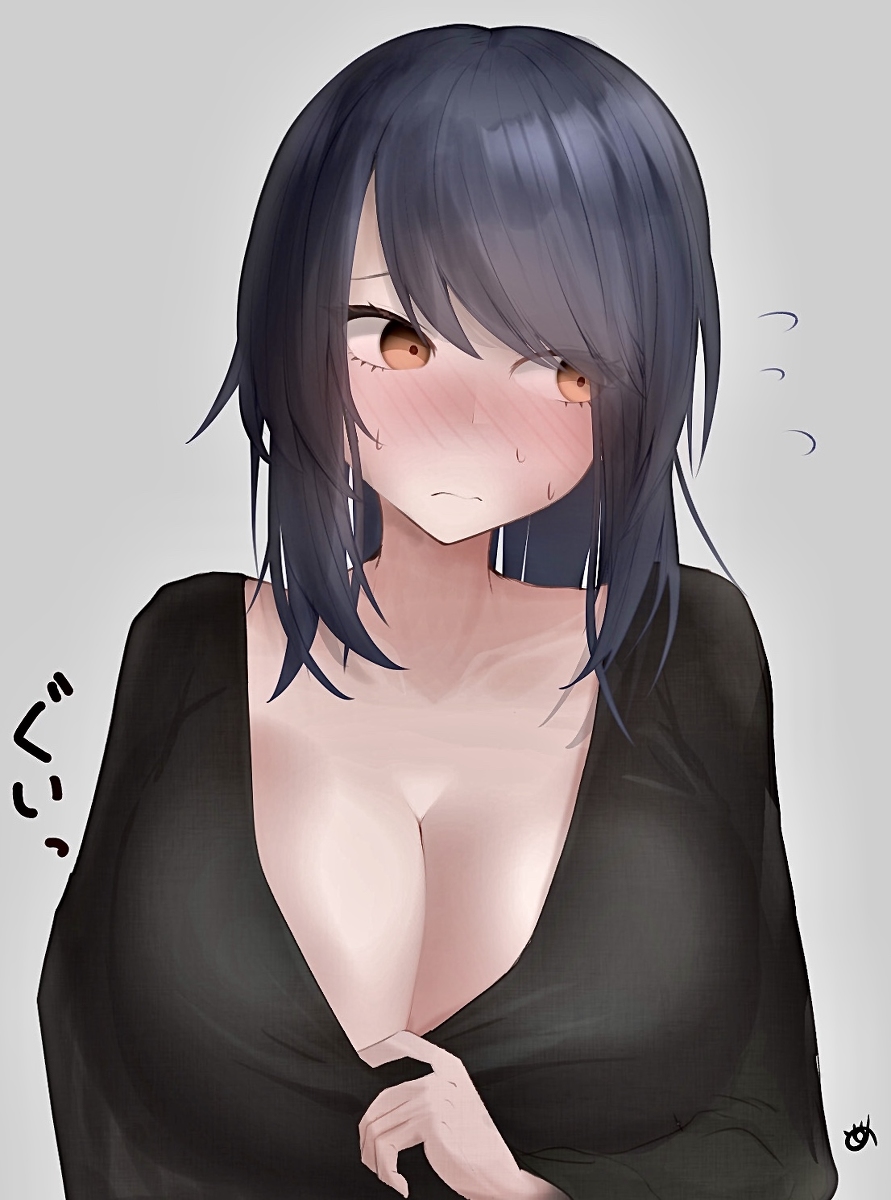 1girls bangs black_hair black_shirt blush blush breasts cleavage female female_only huge_breasts large_breasts looking_away medium_hair metae orange_eyes original original_character shirt shirt_pull simple_background solo sweatdrop upper_body