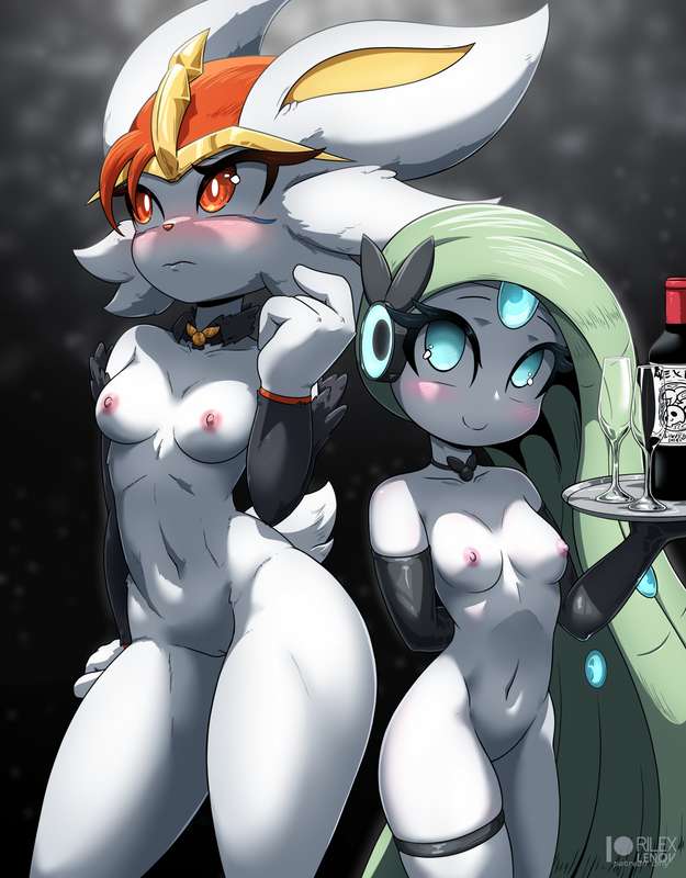 2girls anthro blue_eyes bunny_ears bunny_girl bunny_tail cinderace furry green_hair kemono meloetta nude pokémon_(species) pokemon pokemon_(species) red_eyes red_hair rilex_lenov white_body white_fur white_hair