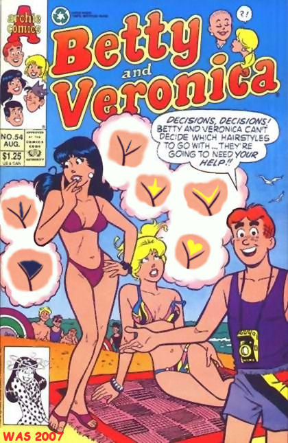 2girls archie_andrews archie_comics betty_and_veronica betty_cooper bikini black_hair blonde_hair multiple_girls swimsuit veronica_lodge wa_smith