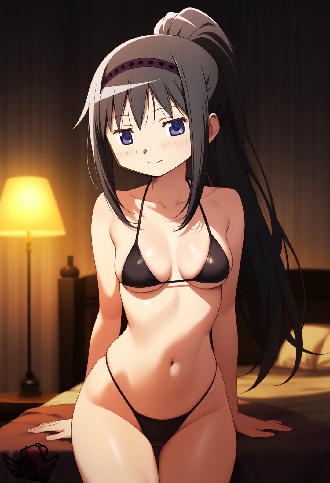 1girls ai_generated akemi_homura artist_logo bed bedroom bedroom_eyes bikini black_bikini black_hair long_hair long_ponytail madoka_worship magical_girl mahou_shoujo_madoka_magica micro_bikini night ponytail puella_magi_madoka_magica purple_eyes ribbon smile straight_hair thick_thighs