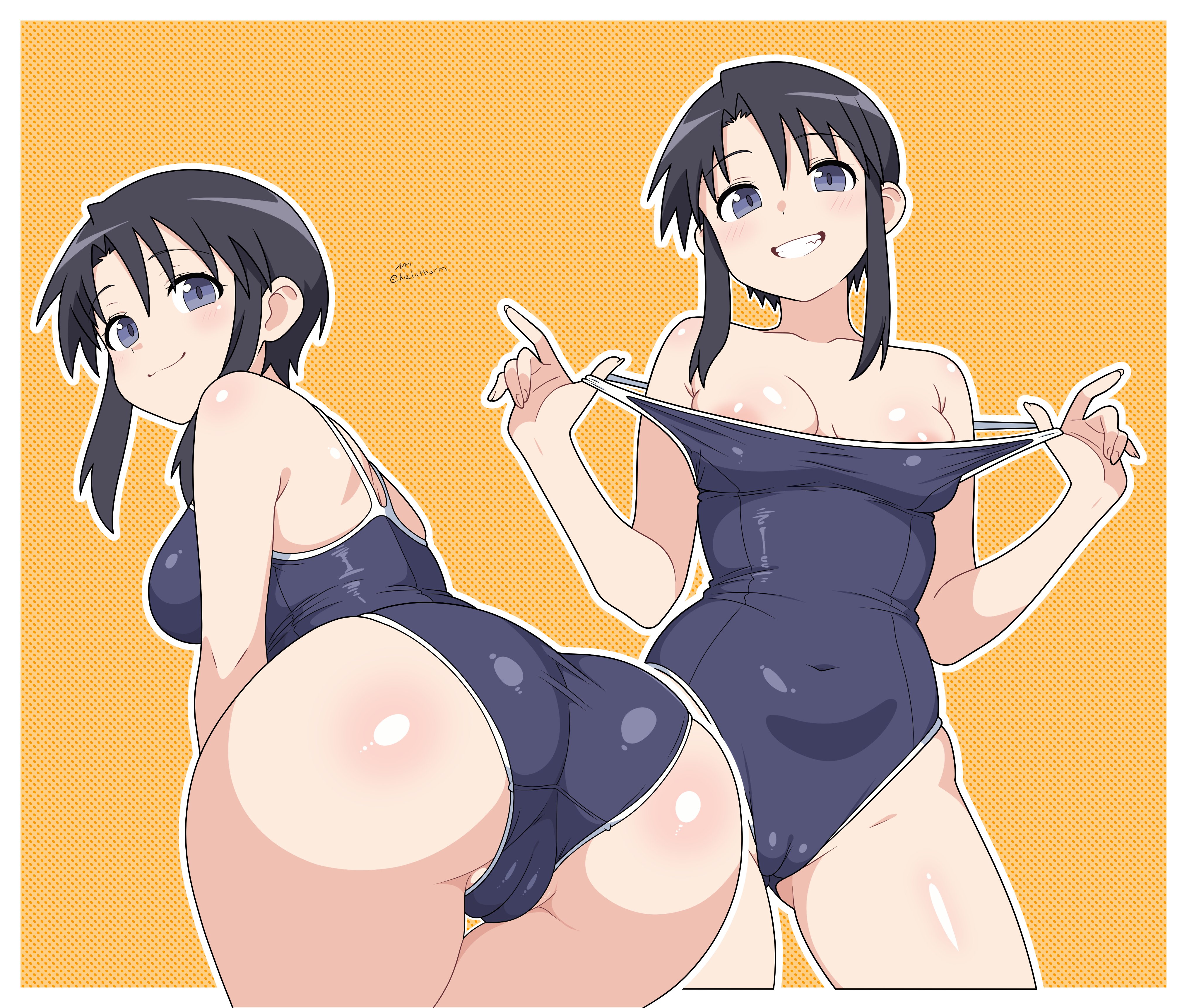 1girls, azumanga daiou, big ass, female, huge ass, nalathorm, nyamo minamo kurosawa, one piece swimsuit, simple background, swimsuit, tagme