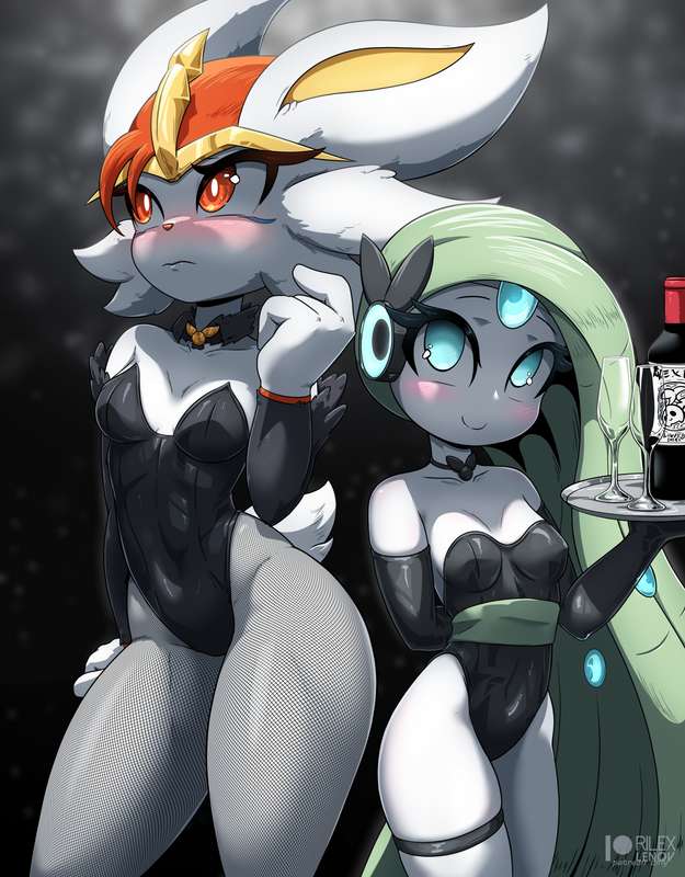 2gir anthro blue_eyes bunny_ears bunny_girl bunny_tail bunnysuit cinderace fishnets furry green_hair kemono meloetta pokémon_(species) pokemon pokemon_(species) red_eyes red_hair rilex_lenov white_body white_fur white_hair