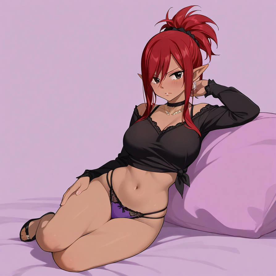 1girls ai_generated black_shirt breasts dark-skinned_female dark_elf dark_skin elf elf_ears elf_female erza_scarlet fairy_tail large_breasts long_sleeves partially_clothed purple_panties red_hair sandals seductive semi_nude sensual sexy simple_background tied_hair