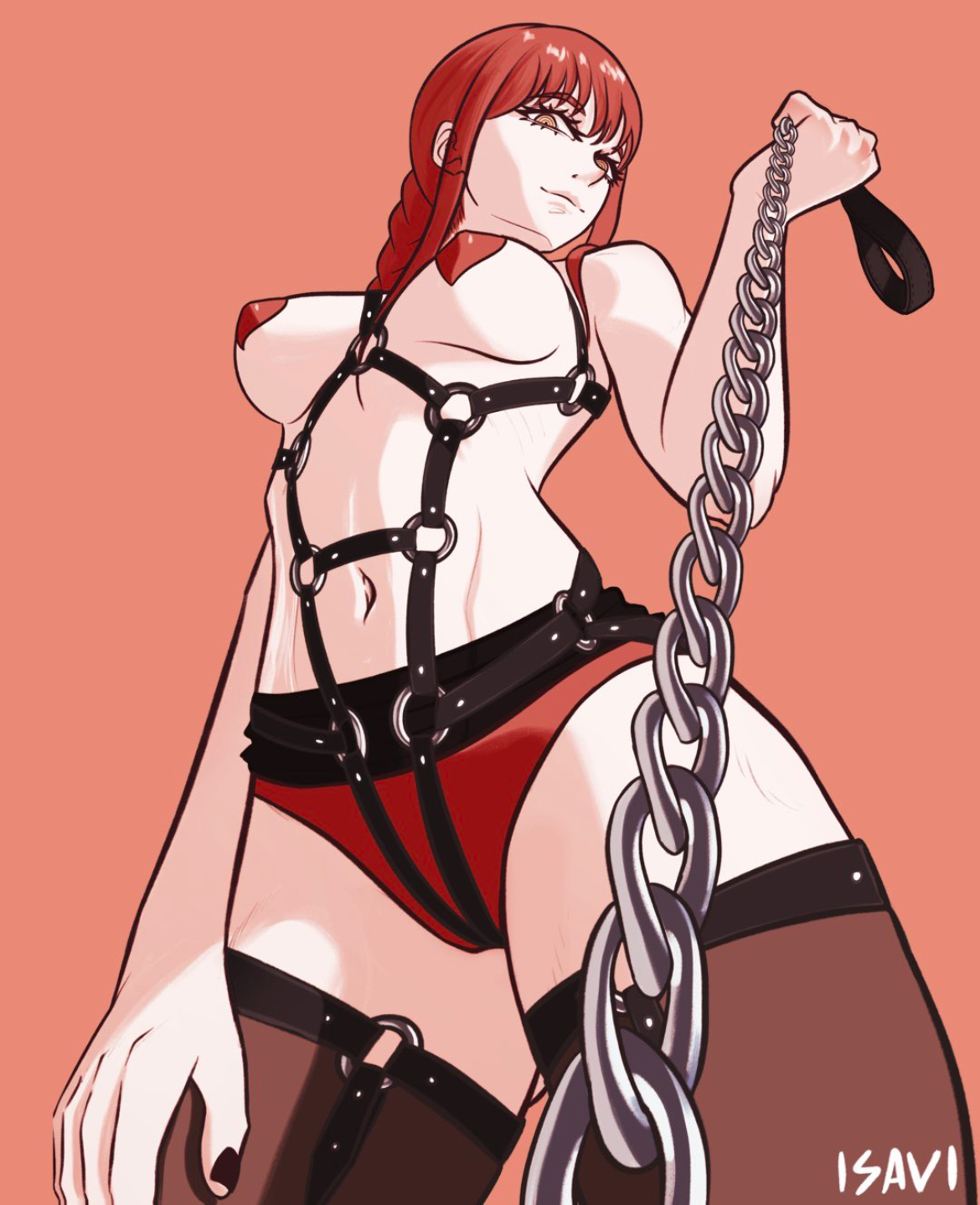 bangs, bdsm gear, belly, braided ponytail, breasts, chain leash, chainsaw man, femdom, heart nipples, isavi, leash, makima (chainsaw man), medium breasts, midriff, ponytail, red hair, stockings thigh highs