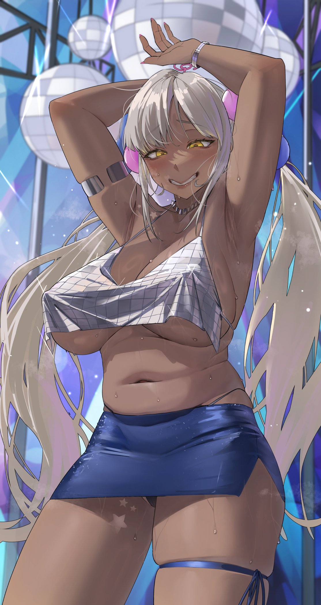 1girls, archinoer, belly rolls, bikini top, blonde hair, breasts, chubby, club, dance floor, dancing, dark skin, dark-skinned female, embarrassed, female, gyaru, high-waist skirt, hololive, hololive english, hololive english -council-, huge breasts, long hair, midriff, miniskirt, nipples visible through clothing, panties, short skirt, sideboob, skirt, slutwear, smile, tagme, thong above skirt, tomboyish, tsukumo sana, twintails, underboob, virtual youtuber, yellow eyes