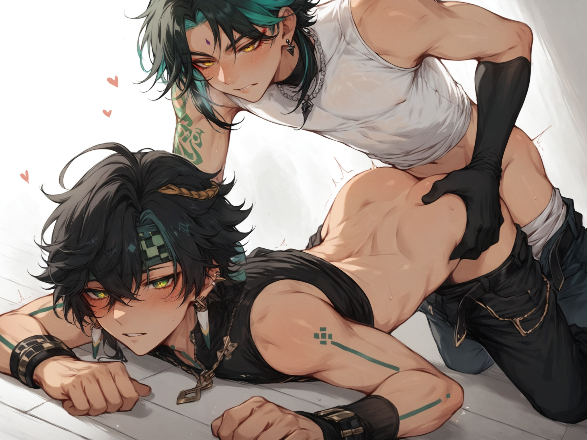 ai generated, doggy style, gay, gay sex, genshin impact, kinich (genshin impact), male, male only, twink, xiao (genshin impact), yaoi