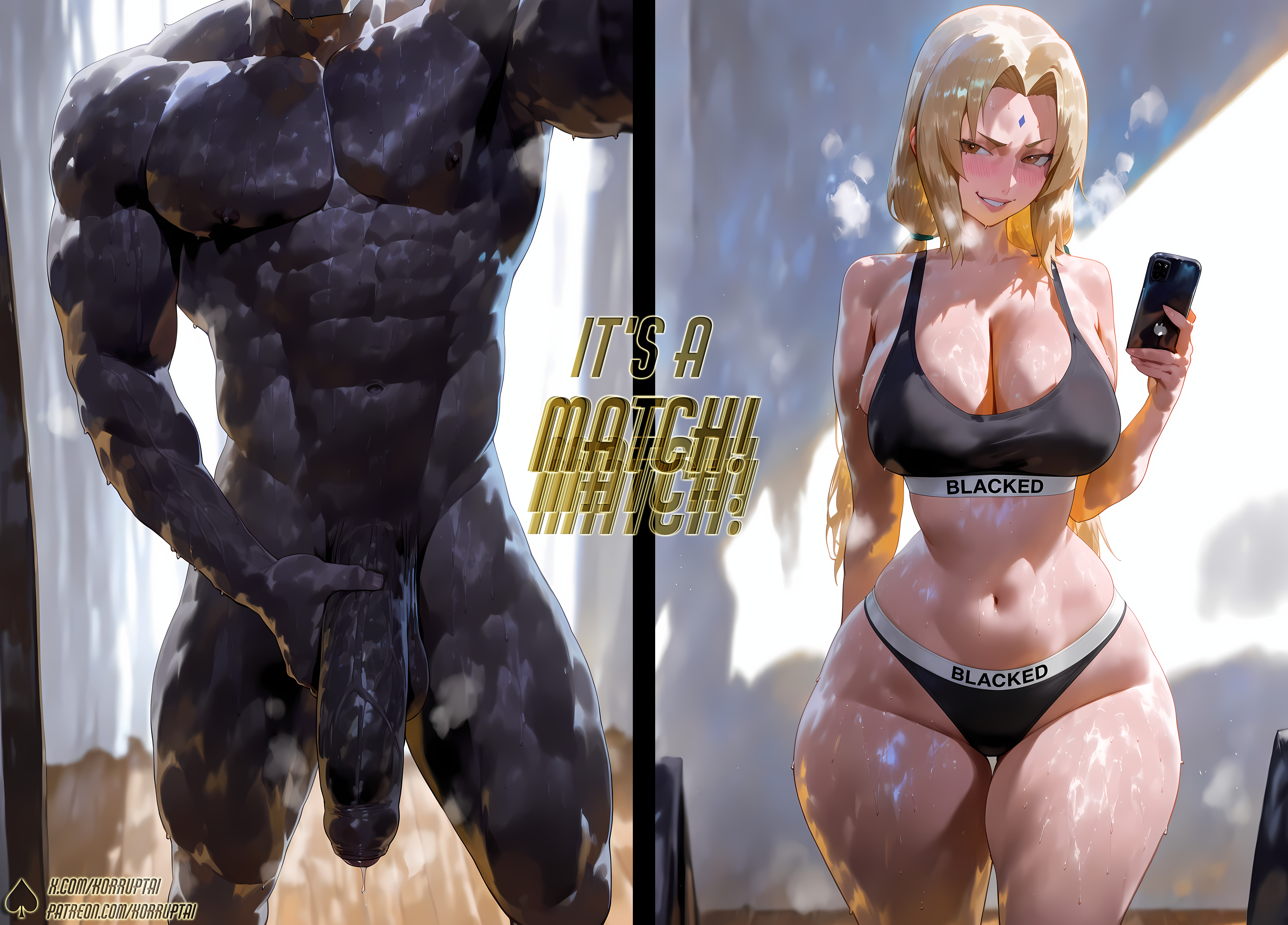 1boy, 1girl, 1girls, abs, absurd res, ai assisted, ai generated, ass, big ass, big balls, big black cock, big breasts, big penis, blacked, blacked clothing, blonde hair, blush, boruto: naruto next generations, breasts, bubble ass, bubble butt, caption, cheating, cheating (relationship), cheating female, cheating girlfriend, cheating wife, cleavage, cuckold, dark penis, dark skin, dark-skinned male, dominant male, domination, female, flaccid, forehead mark, hi res, hourglass figure, huge ass, huge balls, huge breasts, huge cock, huge penis, imminent sex, indoors, interracial, korruptai, large ass, large balls, large breasts, large penis, male, milf, muscular, muscular male, naked, naked male, narrow waist, naruto, naruto (series), naruto shippuden, navel, netorare, ntr, nude, nude male, penis, penis out, phone, qos, queen of spades, selfie, sexy, sexy pose, shiny skin, size difference, smirk, standing, submissive female, sweat, sweatdrop, sweating, text, thick, thick ass, thick thighs, tsunade, twintails, voluptuous, wide hips