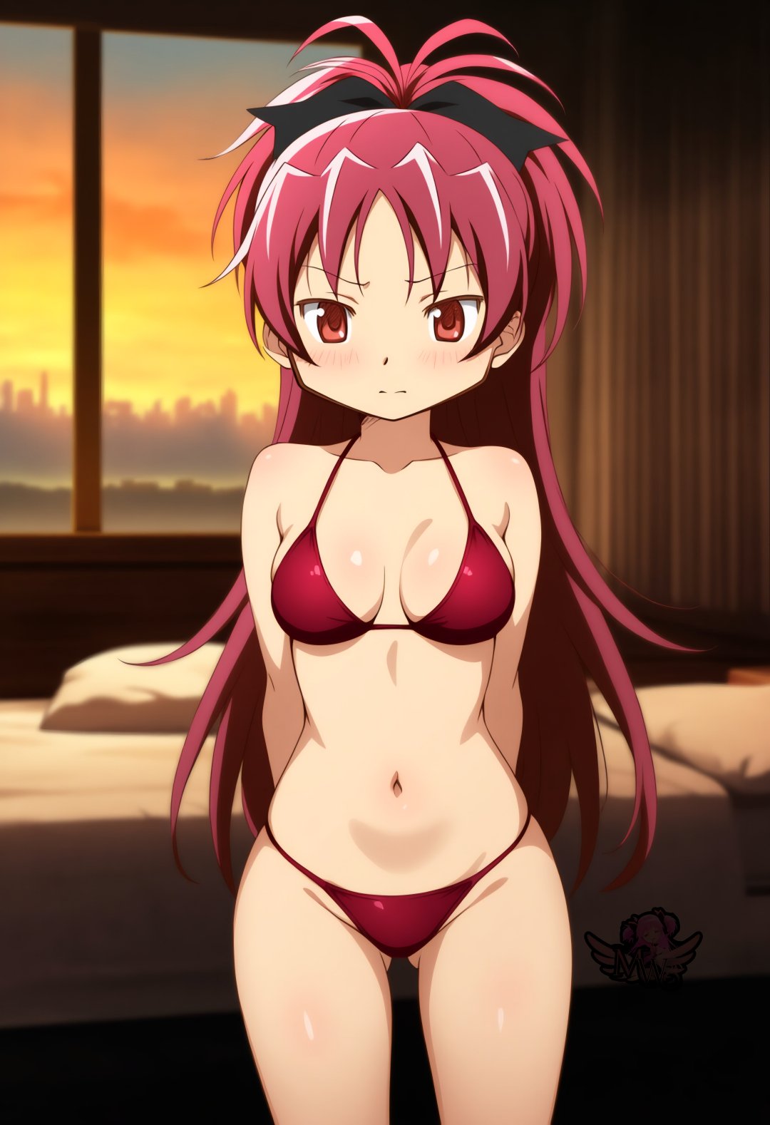 ai_generated artist_logo bed bedroom bikini black_ribbon front_view hair_ribbon hi_res long_hair long_ponytail madoka_worship magical_girl mahou_shoujo_madoka_magica medium_breasts micro_bikini ponytail puella_magi_madoka_magica red_eyes red_hair sakura_kyouko shy thick_thighs wide_hips