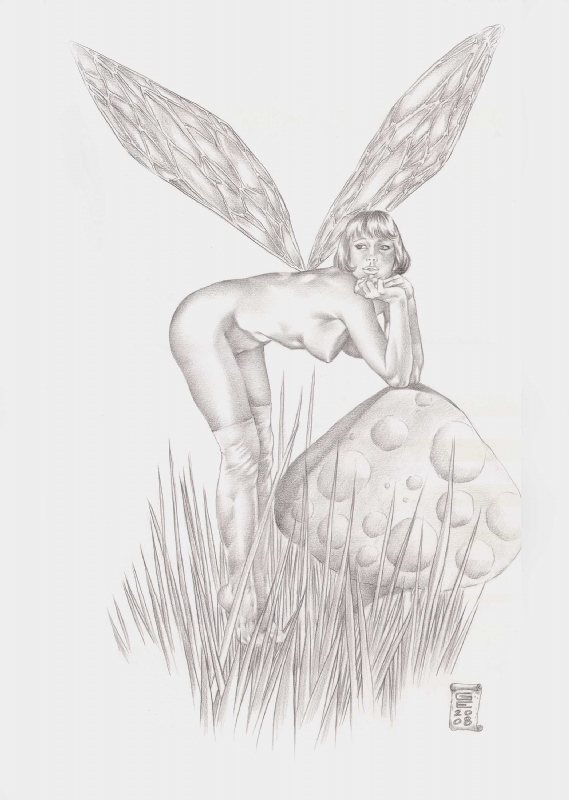 2008 avengers bent_over detailed female female_only gene_espy grass janet_van_dyne looking_back marvel monochrome mostly_nude mushroom short_hair side_view solo straight_hair tagme thighhighs wasp_(marvel) white_background wings