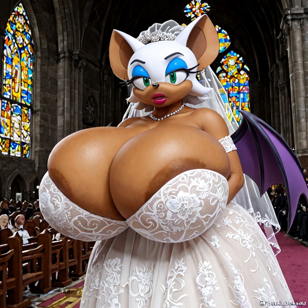 ai_generated areola areola_slip areolae areolae_slip bat_ears bat_wings big_ears big_eyes bride church dress eyelashes eyeshadow female huge_ass huge_breasts large_breasts lipstick massive_breasts nipple_slip open_mouth overflowing_breasts pearl_necklace rouge_the_bat sleeveless sleeveless_dress sonic_(series) sonic_the_hedgehog_(series) strapless wedding wedding_day wedding_dress wedding_veil wide_hips wings