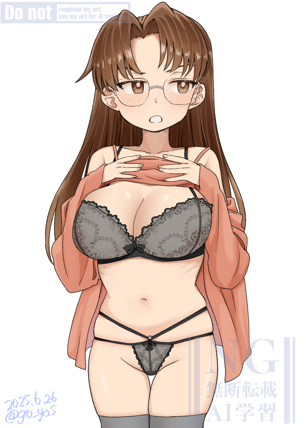 1girls, azumanga daiou, big breasts, bra, breasts, brown eyes, brown hair, cleavage, female, female only, glasses, koyomi mizuhara, lingerie, megane, panties, parted bangs, pussy, shaved pussy, solo, tagme, thighhighs, underwear