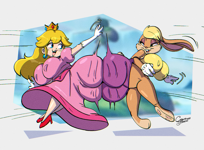 2girls carlos_jurado_cartoons furry huge_ass huge_breasts lola_bunny looney_tunes mario_(series) nintendo princess_peach warner_brothers