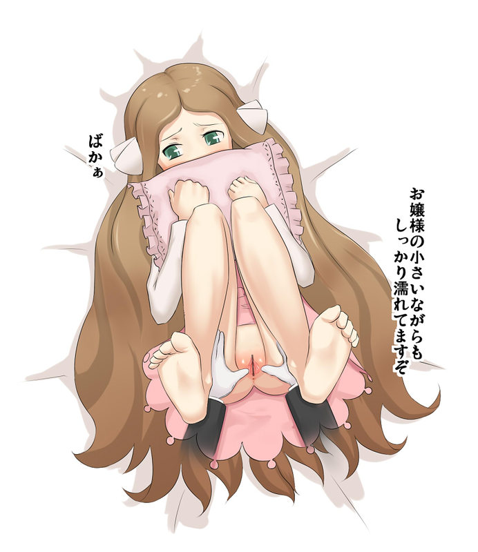 1boy 1girls artist_request blush brown_hair caitlin_(pokemon) caitlin_(pokemon_dppt) censored covered_mouth dress feet female fingering frontier_brain gloves green_eyes human legs_up long_hair male nintendo no_panties pillow pillow_hug pillow_over_mouth pokemon pussy soles spread_pussy straight text toes translation_request