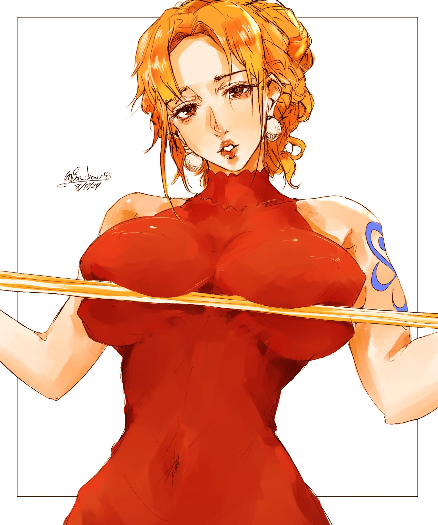 1girls, arm tattoo, big breasts, blue tattoo, bon drawr, breast press, breasts, clothing, female, female only, looking at viewer, nami (one piece), one piece, orange hair, orange-haired female, pole, red dress, staff, tattoo