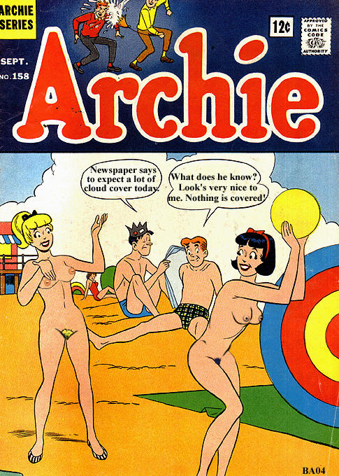 2girls archie_andrews archie_comics beach betty_and_veronica betty_cooper black_alchemy black_hair blonde_hair breasts jughead_jones multiple_girls photoshop pussy smile veronica_lodge