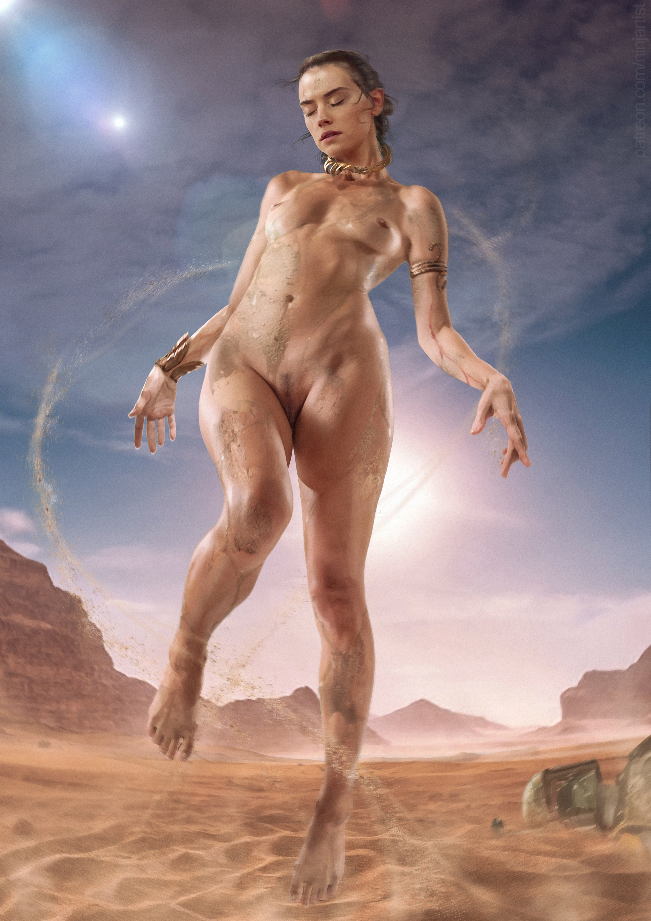 1girls, 2d, 2d (artwork), areola, areolae, ass, barefoot, big ass, big breasts, big butt, boba fett, breasts, breasts focus, brown hair, closed eyes, completely naked, completely nude, daisy ridley, desert, dirty, dirty skin, feet, female, female focus, female only, floating, hi res, hip bones, hips, hourglass figure, human, jedi, knees, landing strip, levitation, light skin, light-skinned female, medium breasts, mountain, mountains, naked, naked female, necklace, ninjartist, nipples, nonsexual, nonsexual nudity, nude, nude female, outside, pale skin, parted lips, pubic hair, pussy, realistic, rey, rey (star wars), sand, sky, slim waist, solo, solo focus, star wars, straight hair, sun, thighs, tied hair, vagina, wide hips