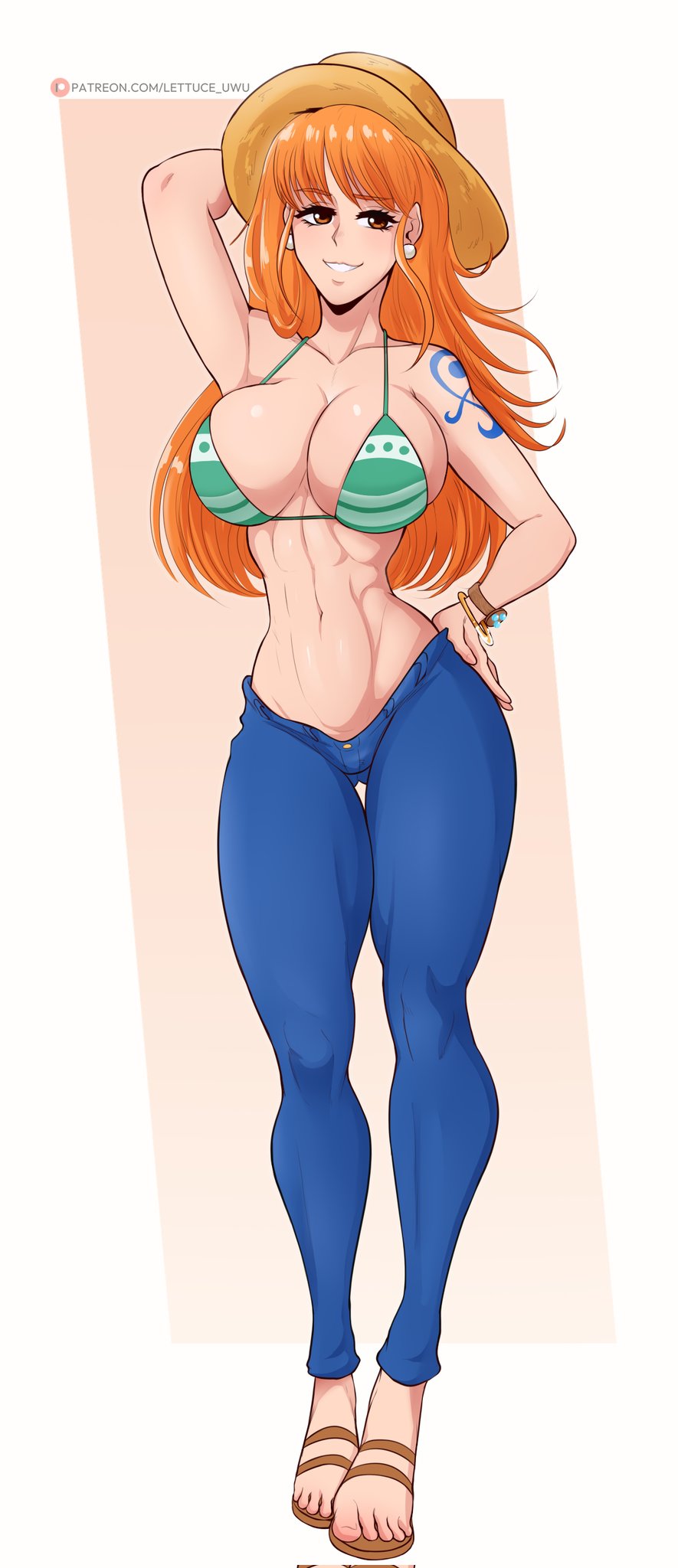 1girls abs big_breasts clothing color female female_focus female_only fit_female hat hi_res jeans large_breasts lettuce_uwu light-skinned_female light_skin long_hair looking_at_viewer muscles muscular muscular_arms muscular_female muscular_legs muscular_thighs nami nami_(one_piece) one_piece orange_eyes orange_hair shounen_jump solo solo_female tagme thick_thighs